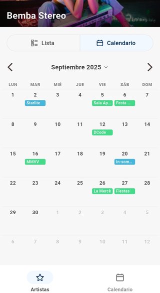Calendario de conciertos en la app móvil de Bandit
